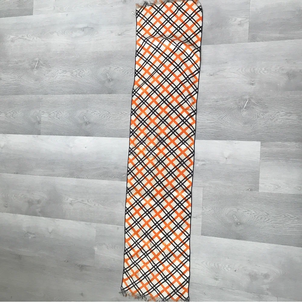 SCARF NAVY IVORY ORANGE NOVA CHECK SATIN FRINGE HEM